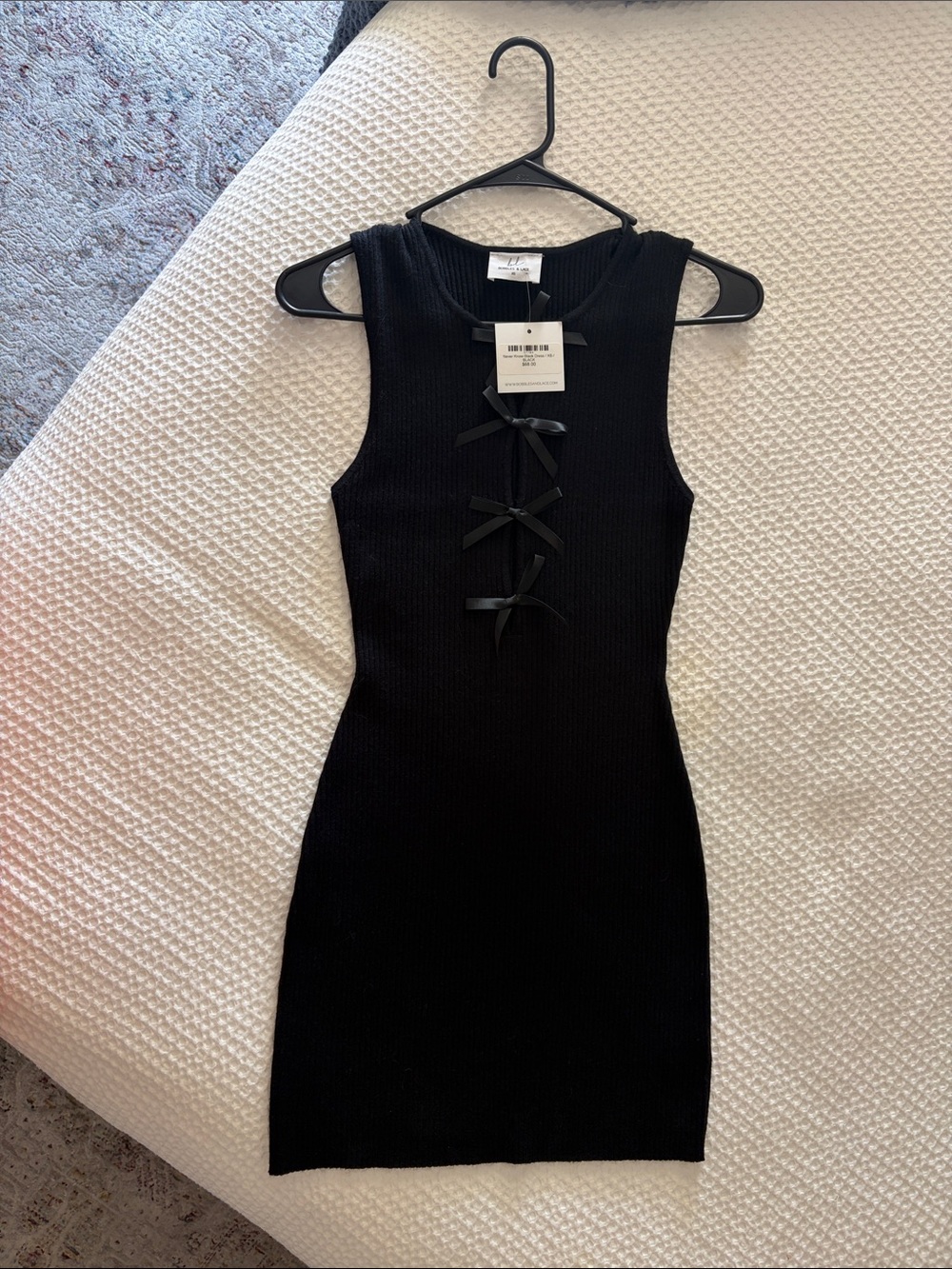 Black Ribbed Mini Dress with Front Ribbon Detail